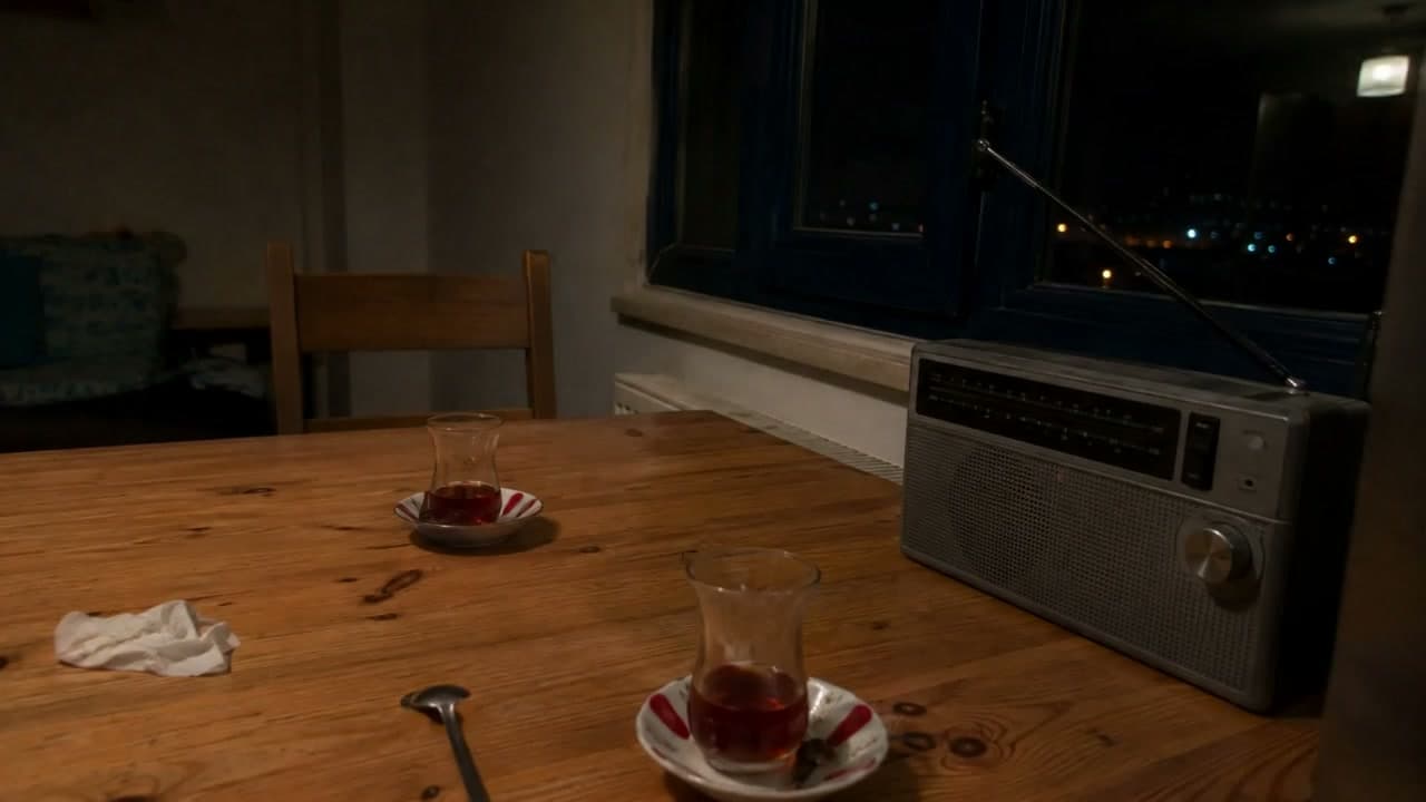 Gece bir evin yemek masasında radyo ve yarım kalmış iki çay.